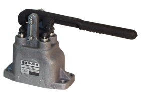VÁLVULA 4/3 VIAS, ACIONAMENTO POR ALAVANCA HORIZONTAL COM TRAVA, CENTRO FECHADO, CONEXÕES 3/8" BSP NA FACE INFERIOR, CONSTRUÇÃO TIPO POPPET