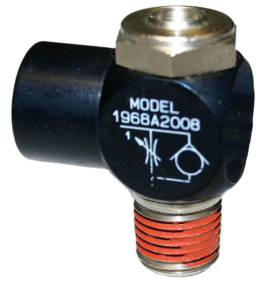 VÁLVULA REGULADORA DE FLUXO UNIDIRECIONAL COM MONTAGEM ANGULAR, CONEXÕES 1/4" NPT (PNEUMÁTICA)