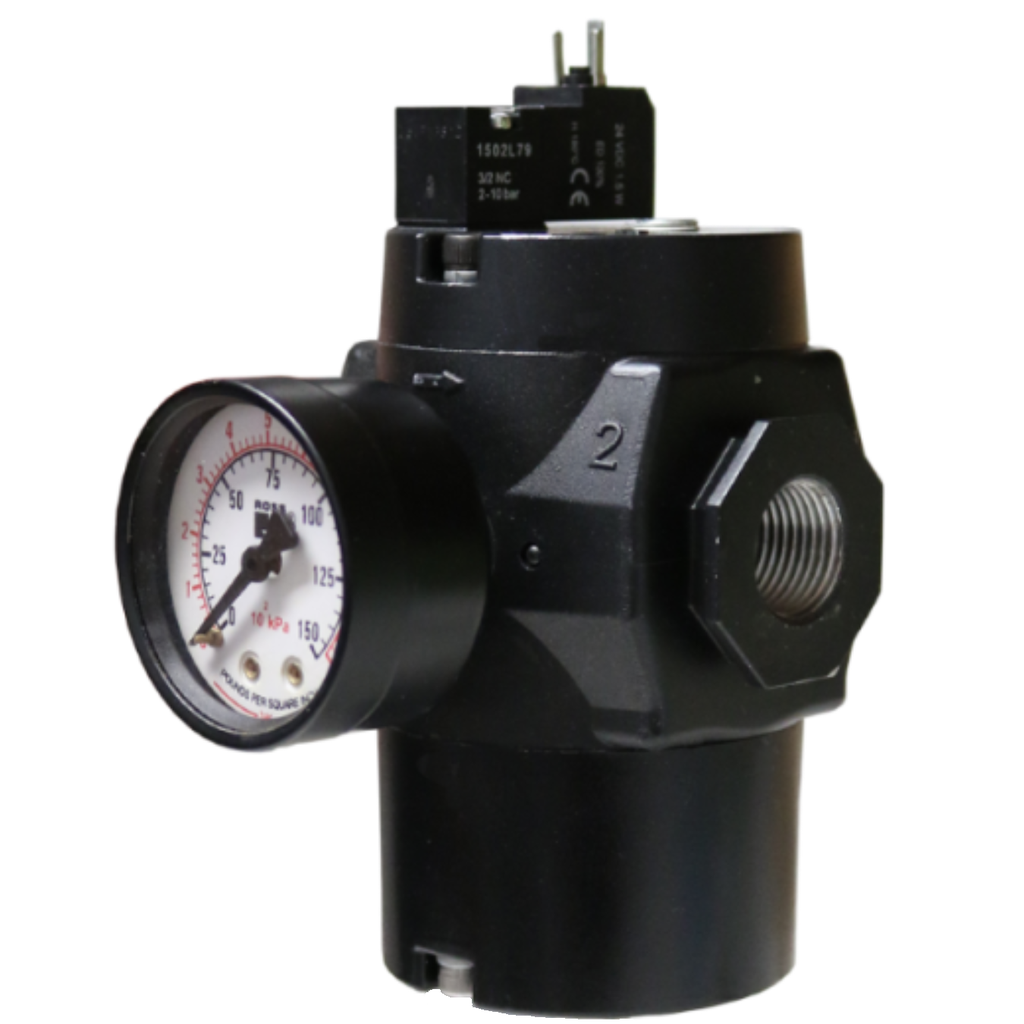 VÁLVULA DE SEGURANÇA MDC1, 1/2" BSP, SEM SENSOR, COM SOFT-START, SEM SILENCIADOR, 24VDC, M12,  COM MANOMETRO