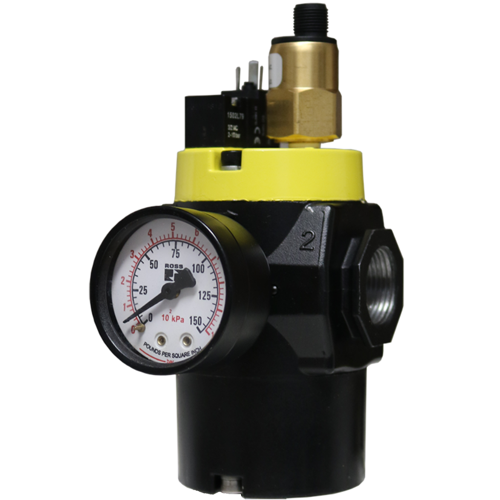 VÁLVULA DE SEGURANÇA MDC2, 1/2" BSP, COM SOFT-START, SEM SILENCIADOR, 24VDC, M12,  COM MANOMETRO