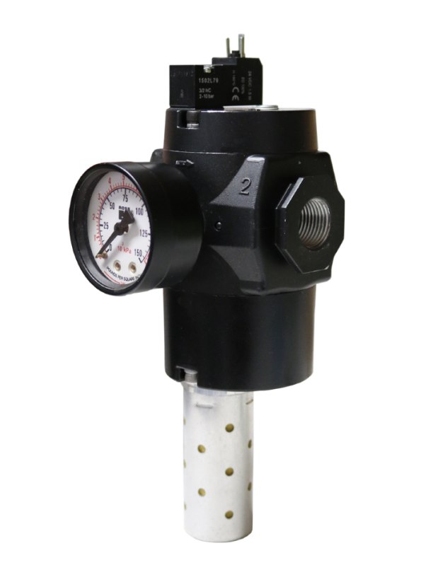 VÁLVULA DE SEGURANÇA MDC1, 1/2" BSP, SEM SENSOR, COM SOFT-START, COM SILENCIADOR, 24VDC, M12,  COM MANOMETRO