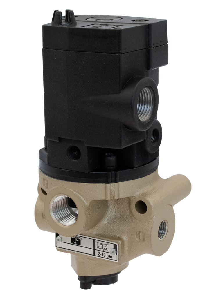 VÁLVULA SOLENÓIDE C/ PILOTO EXTERNO, 3/2 VIAS, N.F., CONEXÕES 3/8" BSP E ESCAPE 1/2" BSP - 24VDC