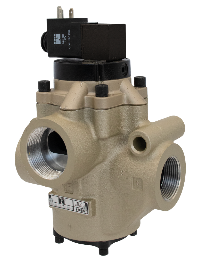 VALVULA SOLENOIDE TIPO POPPET, SÉRIE 21, 3/2 VIAS, NF, CONEXÕES 1/2" BSP, EXAUSTÃO DE 1" BSP, PRESSÃO DE VÁCUO ATÉ 10 BAR, 24 VDC, PARA ALTA TEMPERATURA