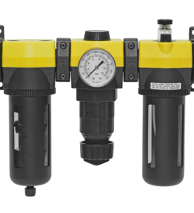 FILTRO REGULADOR LUBRIFICADOR, 1/2" BSP, 40 MÍCRONS, FAIXA DE PRESSÃO 0-8,6 BAR, COPO EM POLICARBONATO